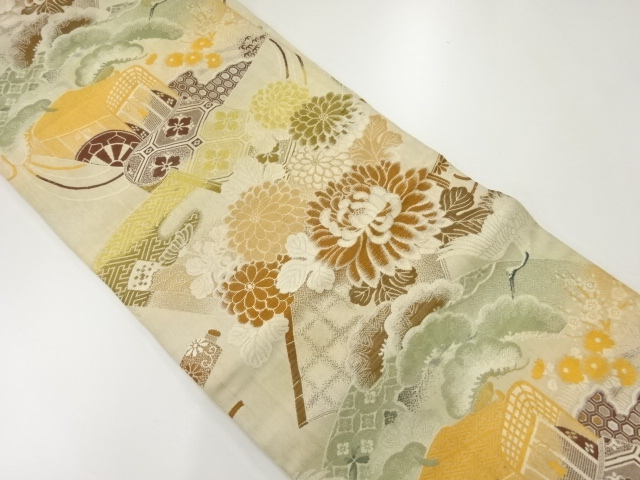 JAPANESE KIMONO / ANTIQUE NAGOYA OBI / WOVEN CARRIAGE & FLOWERS & BIRDS